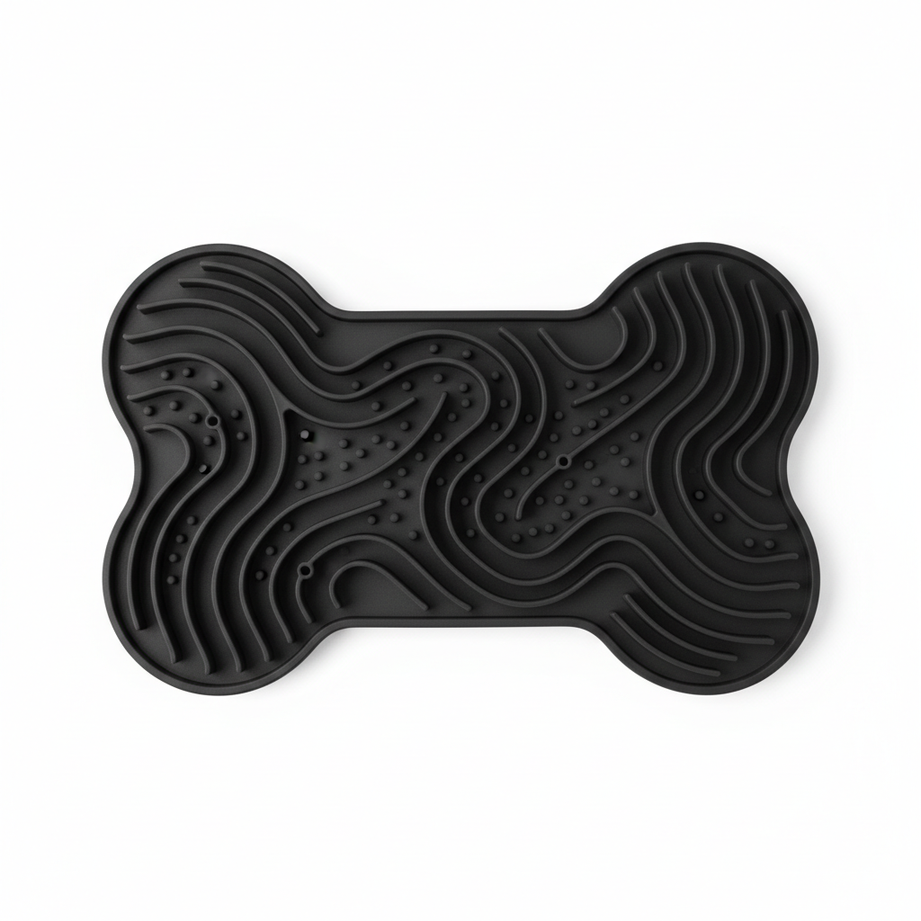 Black bone shaped silicone slow feeder licking mat for dogs
